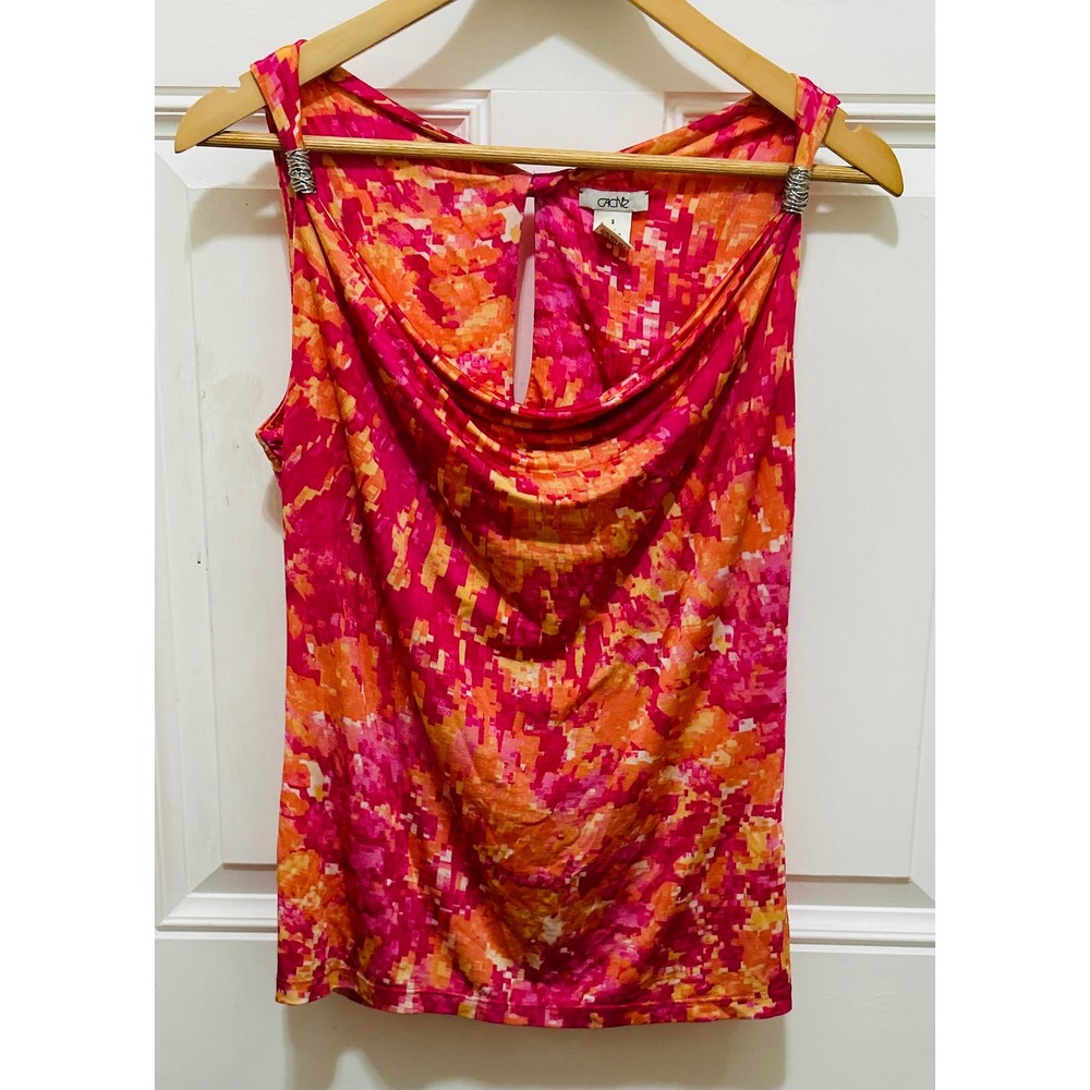 Cache Womens Cowl Neck Tank Top Pink Orange Abstract Print Silver Hardware S